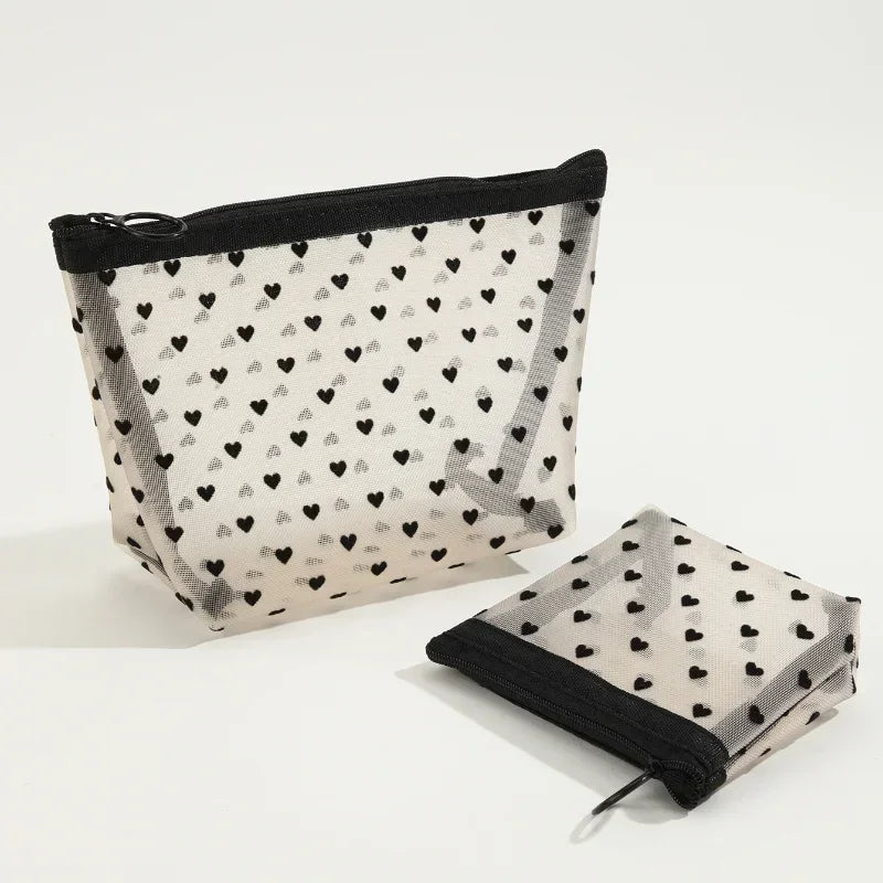 Heart-Shaped Nylon Mesh Cosmetic Bag Portable Toiletry Organizer for Women Makeup Storage