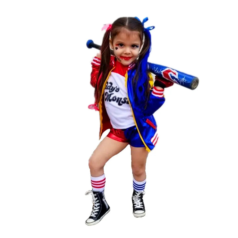 Harley Quinn Cosplay Suicide Squad Harleen Quinzel Kids Girls T-Shirt Joker Jacket Halloween Costume