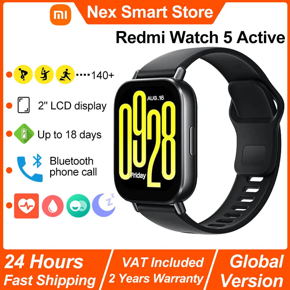 NEW Xiaomi Redmi Watch 5 Active Smart Watch, 2" LCD Display All Day Heart Rate Blood Oxygen Monitoring Bluetooth Call Smartwatch
