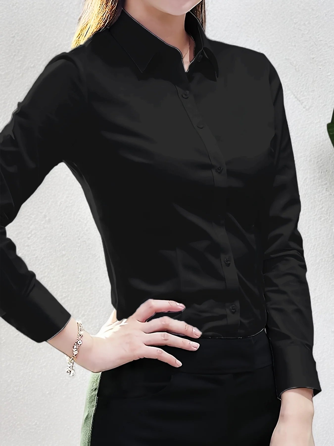 Elegant All-Season Solid Shirt Slim Button Tops Fashion White Shirt Turn-down Collar Women's Long Sleeve Blouse
