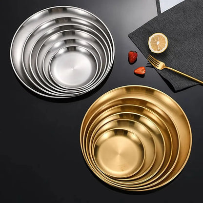 4Pcs Stainless Steel Round Plate Bone Spitting Dish Shallow Tray Metal Camping Plate Dining Disc BBQ Picnic Dishes Cookware