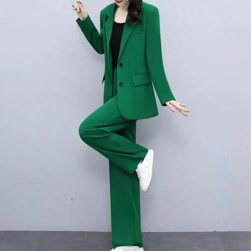 Breathable Two-Piece Set Elegant Women's Business Suit Set with Lapel Button Closure Cardigan Wide Leg Trousers Formal for Plus