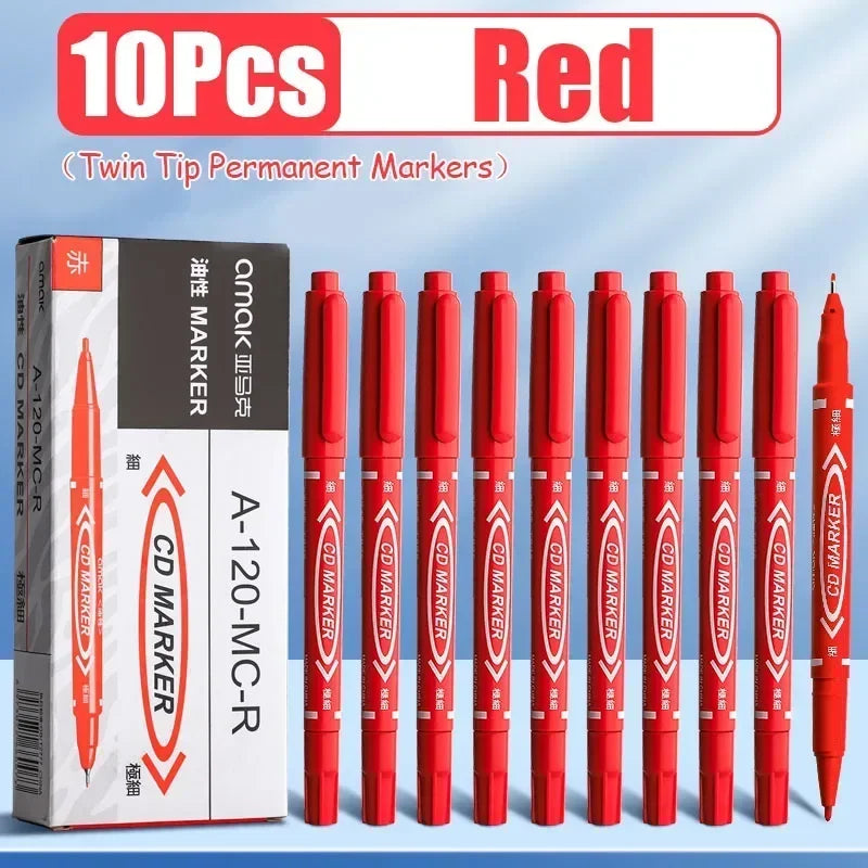 10Pcs Double Tip Permanent Markers Pens Waterproof Oily Fine Tip Black Painting Marker Graffiti Marking Pens School Supplies