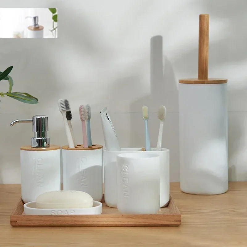 Juego de accesorios de baño, dispensador de loción y jabón de diseño, soporte para cepillo de dientes, jabonera, vaso o botella de madera, taza, negro, blanco y gris.