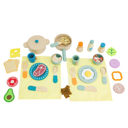 Juego de cocina de madera Montessori con platos y accesorios, ideal como regalo para niños pequeños a partir de 3 años.