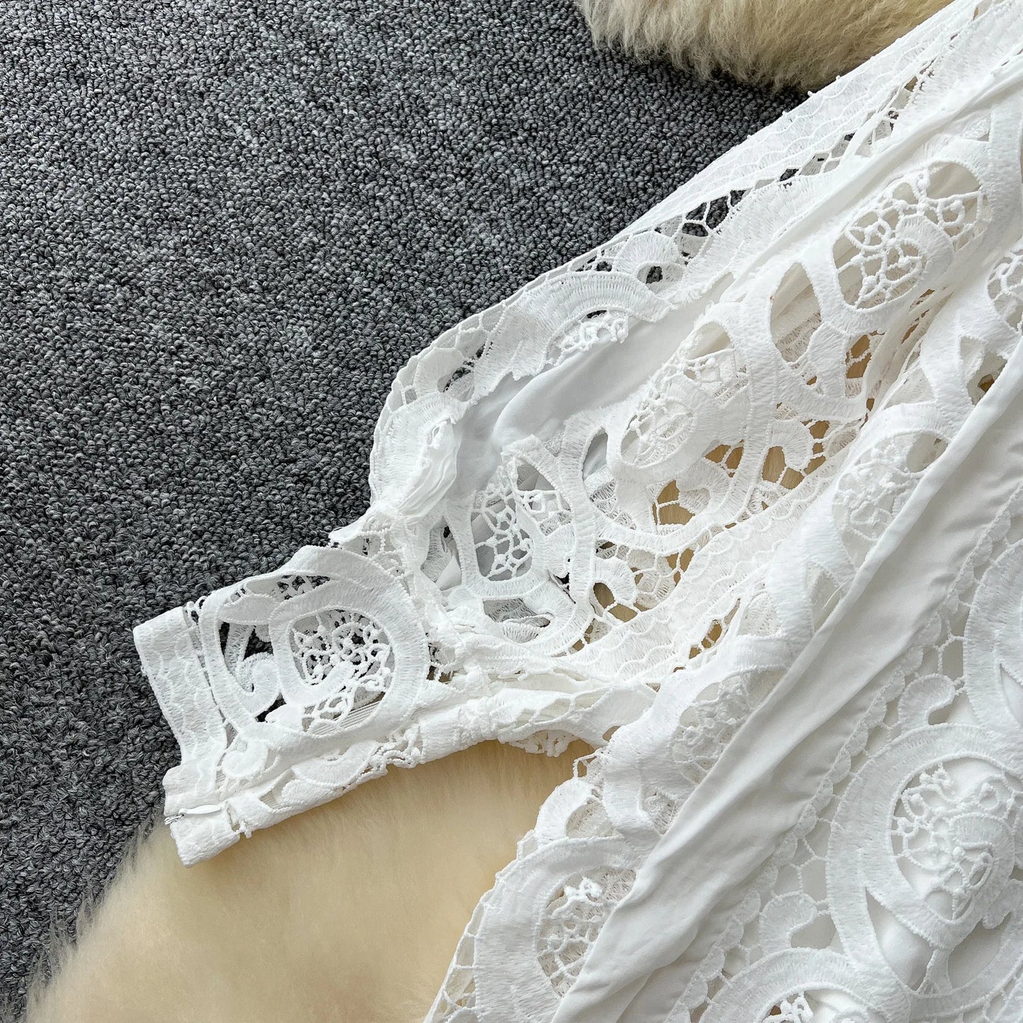 Autumn Crochet White Lace Embroidery 3 Pieces Sets Women Dress Suits Hollow Out Loose Shirt Top Elastic Waist Maxi Skirt Suit