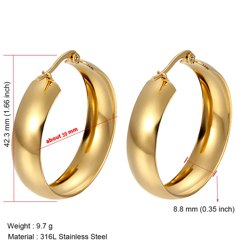 Stainless Steel Earrings for Women, Simple Plain Round Earrings, Gold Color, Wide Fashion Jewelry, Party Gift, 21mm, 31mm, 39mm Width