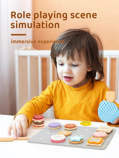 Juego de cocina de madera Montessori con platos y accesorios, ideal como regalo para niños pequeños a partir de 3 años.