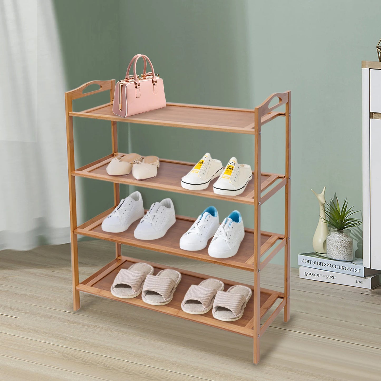 LOYALHEARTDY 4 Tiers Bamboo Standing Shelf Shoe Rack Bathroom Shelf Wooden Storage Shelf for Kitchen Balcony Bathroom Furniture