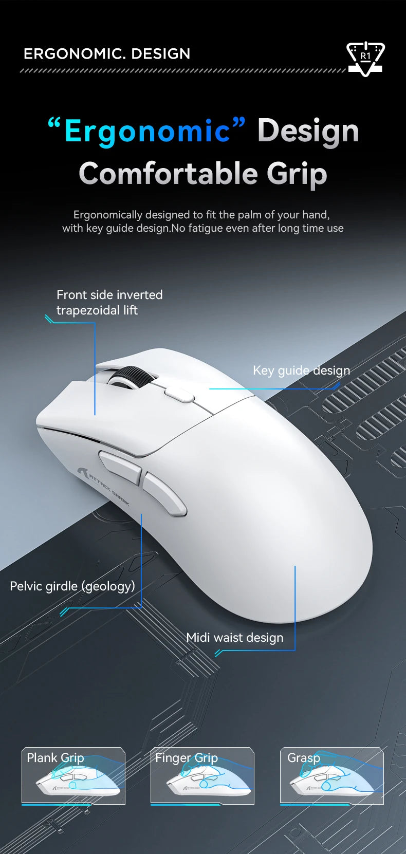 Ratón Bluetooth Attack Shark R1, 18000 dpi, PAW3311, conexión inalámbrica trimodo, ratón para juegos macro