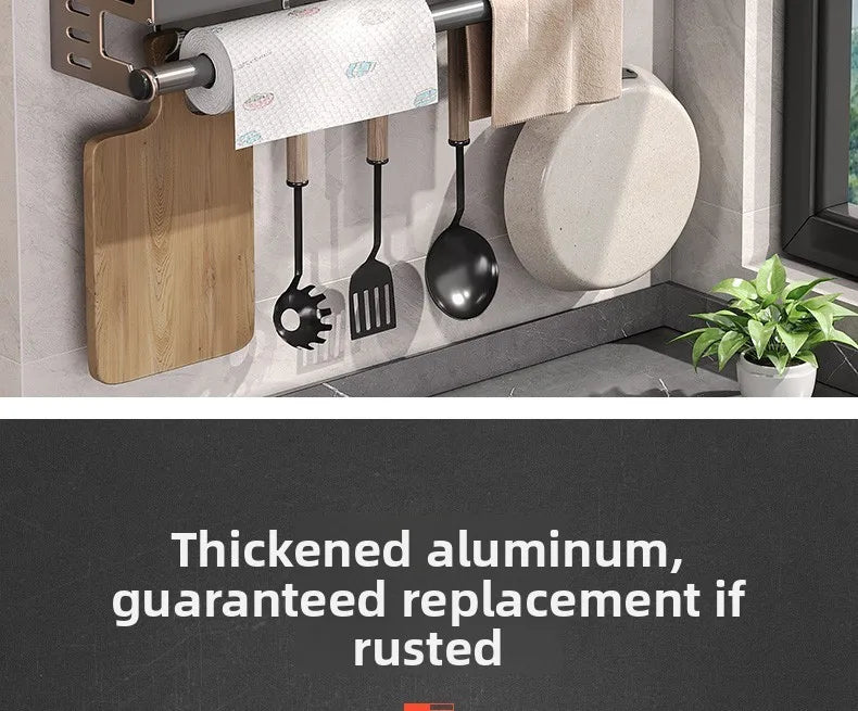 Gunmetal Space Aluminum Kitchen Storage Rack - No-Drill Wall Mounted Multi-Functional Organizer for Spice Jars and Knives