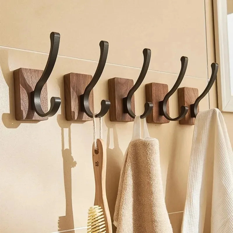 Self-adhesive New Simple Solid Wood Hook Walnut Hanging Hanger Bathroom Wall Hook Bedroom Coat Storage Rack Home Towel Key Decor