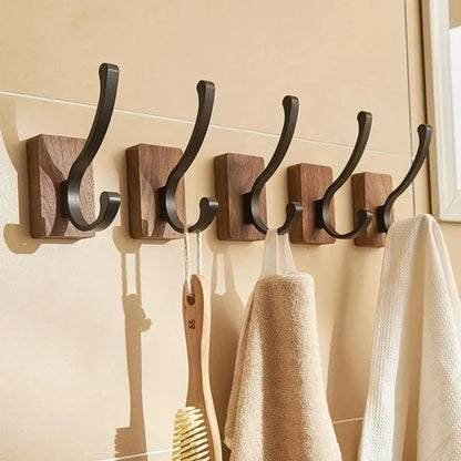 Self-adhesive New Simple Solid Wood Hook Walnut Hanging Hanger Bathroom Wall Hook Bedroom Coat Storage Rack Home Towel Key Decor