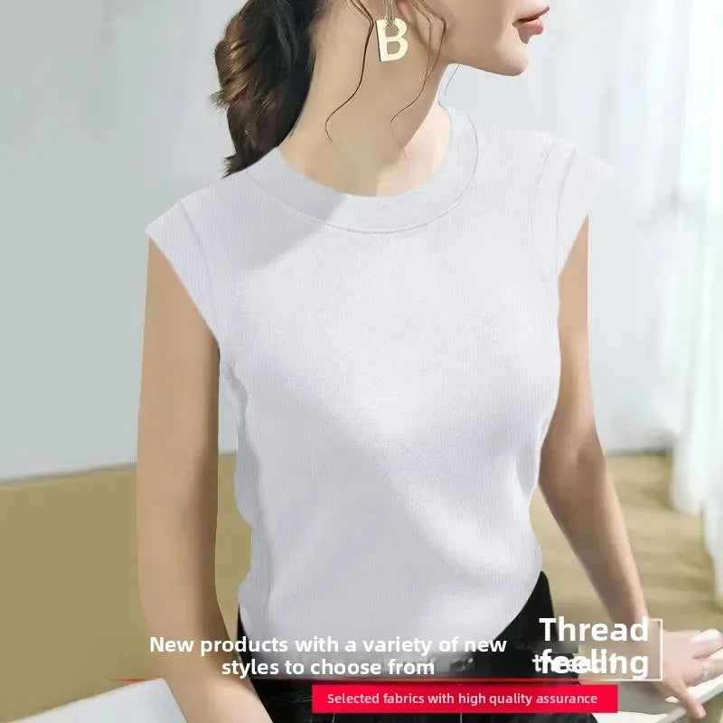 Summer Ice Silk Loose Fashionable Simple Pure Color round Neck Fly Sleeve T Shirt Women Short Sleeve Simple Style Crew Neck