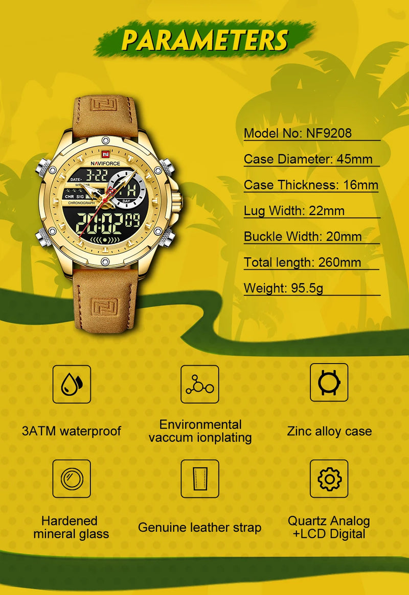 NAVIFORCE Luxury Original Watches For Men Casual Sport Chronograph Alarm Quartz WristWatch Leather Waterproof Digital Clock 9163