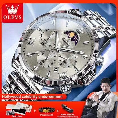 OLEVS 3653 Mens Watch Quartz Watch Multifunctional Chronograph Watch For Men 30M Waterproof Luminous Moon Phase Box Original
