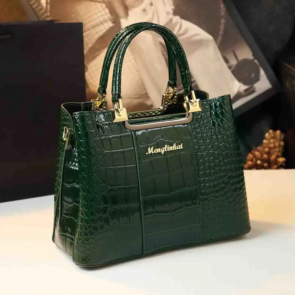 2023 New Luxury Crocodile Bag for Women Casual Tote High Qualtiy Patent Leather Shoulder Purses Elegant Dinner Noble Purse Black