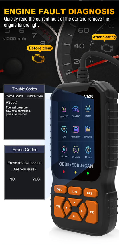 V520 v309  New OBD2 Scanner Professional Auto Engine System Lifetime Free Automotive DTC Lookup Code Reader Car Diagnostic Tool
