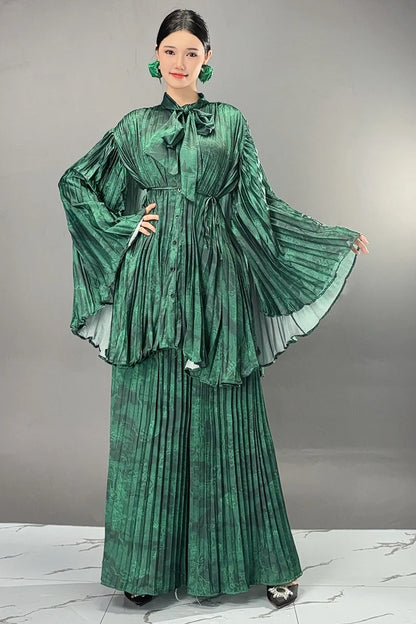 Two Pieces Chinese Style Wide Leg Pants Set Female Full Sleeve Blouse+Matching Trousers Suit Elegant Casual Matching Kit