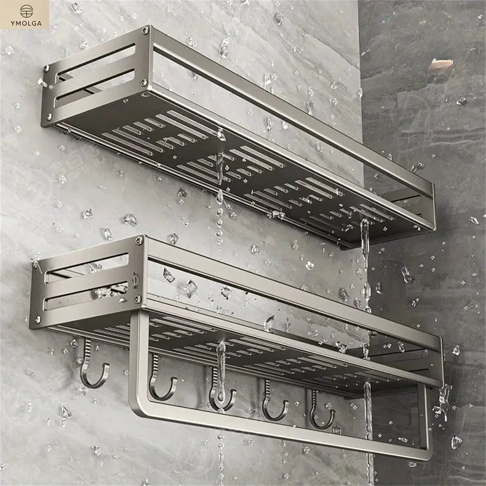 YMOLGA 1/2pcs Aluminum Wall-Mounted Spice Rack Multifunctional Item Shelf Kitchen Tools Hooks Kitchen Condiment Storage Rack