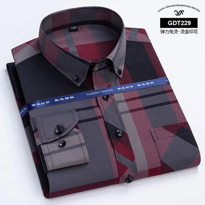 Latest Men's Dress Shirts Spring Autumn Non-iron Anti-wrinkle Business Casual Print Thin Plaid Soft Slim Fit Chemise Homme