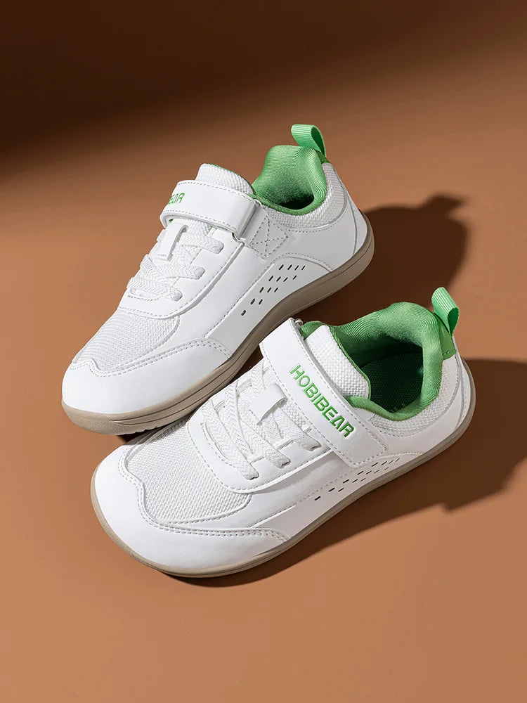 HOBIBEAR Kids Wide Toe Shoes Big Kid Barefoot Hook Loop Minimalist Sneakers Artificial Leather Mesh Shoes