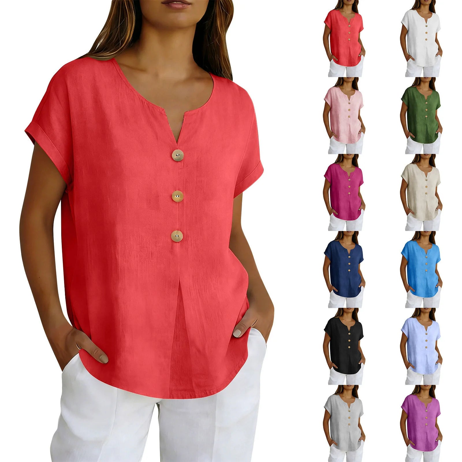 2026 Summer Basic Blouses Women's Shirts Solid Color Casual Short-Sleeve Cotton Linen Fashion Plus Size V-Neck Loose Button Tops