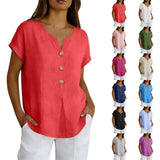 2026 Summer Basic Blouses Women's Shirts Solid Color Casual Short-Sleeve Cotton Linen Fashion Plus Size V-Neck Loose Button Tops