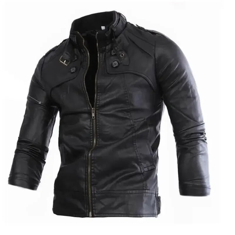 Autumn New Men's Casual Fashion Standing Neck Slim Fit PU Leather Jacket Solid Leather Jacket Men's Windproof Motorcycle