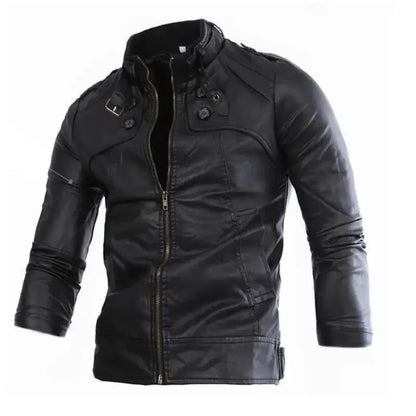 Autumn New Men's Casual Fashion Standing Neck Slim Fit PU Leather Jacket Solid Leather Jacket Men's Windproof Motorcycle
