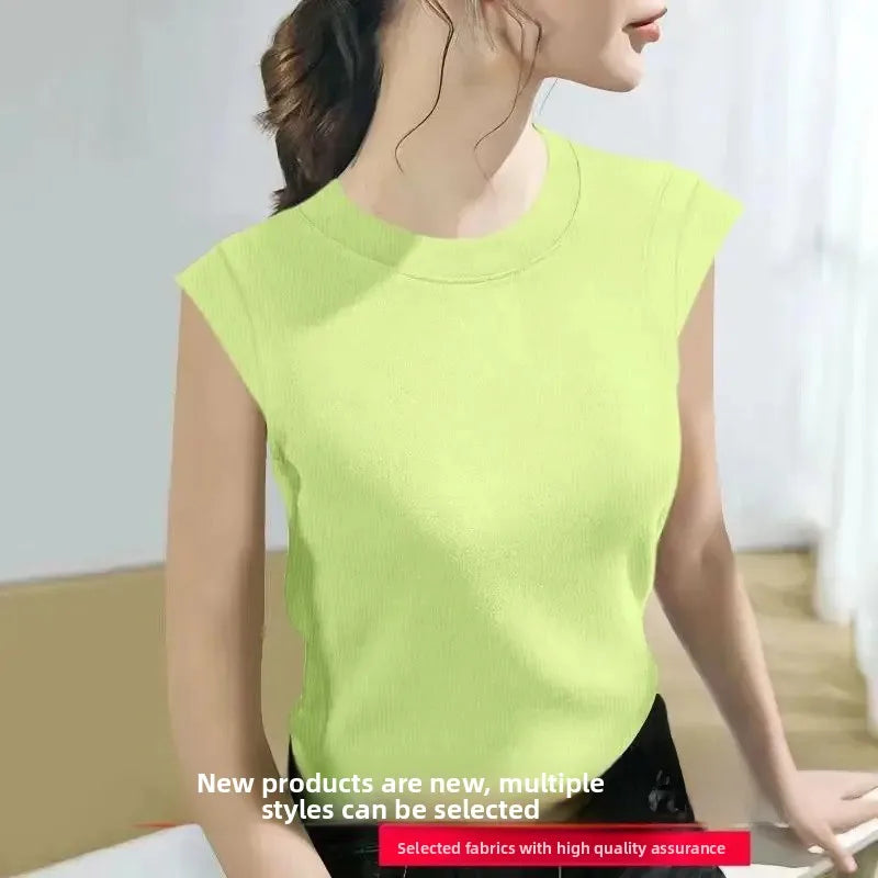Summer Ice Silk Loose Fashionable Simple Pure Color round Neck Fly Sleeve T Shirt Women Short Sleeve Simple Style Crew Neck
