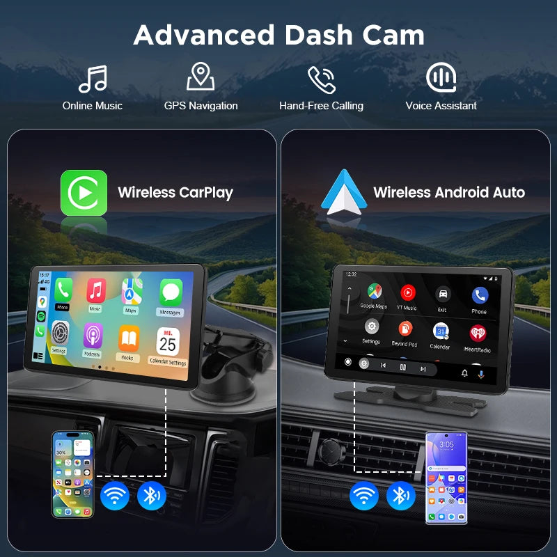 Junsun 9 inch Car DVR 4K Dash Cam Wireless Carplay for Apple Android Auto Dual Lens Video Recorder Dashboard Monitor FM BT AUX