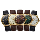 Relógio masculino automático vintage com pulseira de couro caixas dourada