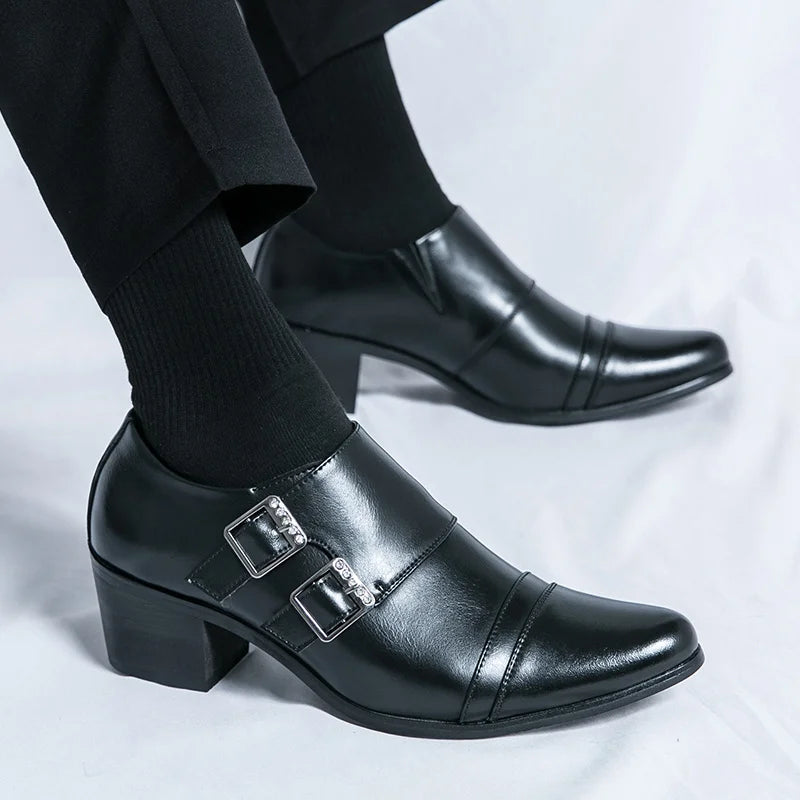 Fashion Buckle Leather Shoes For Men Big Size 46 Pointed Dress Shoes Man Quality Bussiness High Heels Shoes Man chaussure hommes
