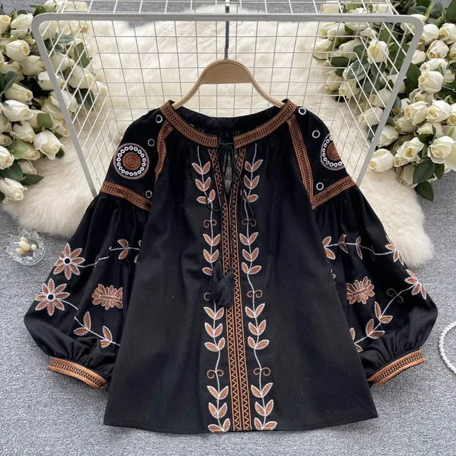 Neploe Women O Neck Puff Sleeve Print Shirt Heavy Panels Lace Up All-match Embroidery National Style Blouses New Tassels Tops 