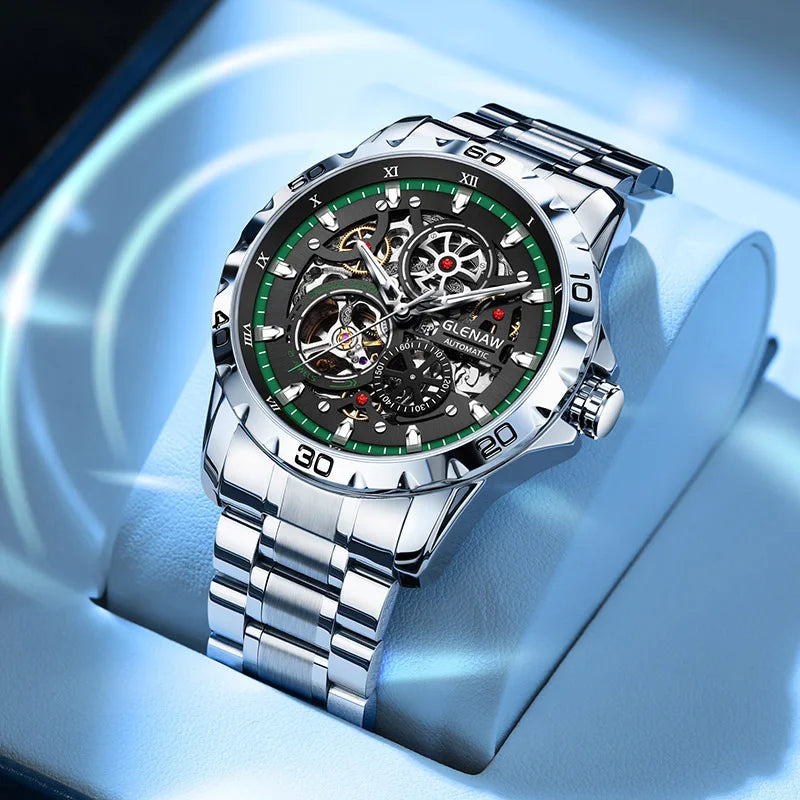 GLENAW Steampunk Skeleton - Reloj para hombre, anillo, relojes mecánicos automáticos de lujo, luminosos, resistentes al agua, correa de acero inoxidable