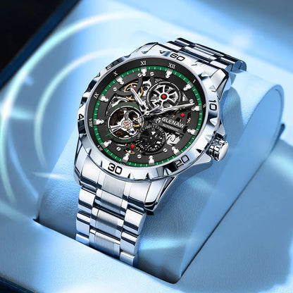GLENAW Steampunk Skeleton - Reloj para hombre, anillo, relojes mecánicos automáticos de lujo, luminosos, resistentes al agua, correa de acero inoxidable