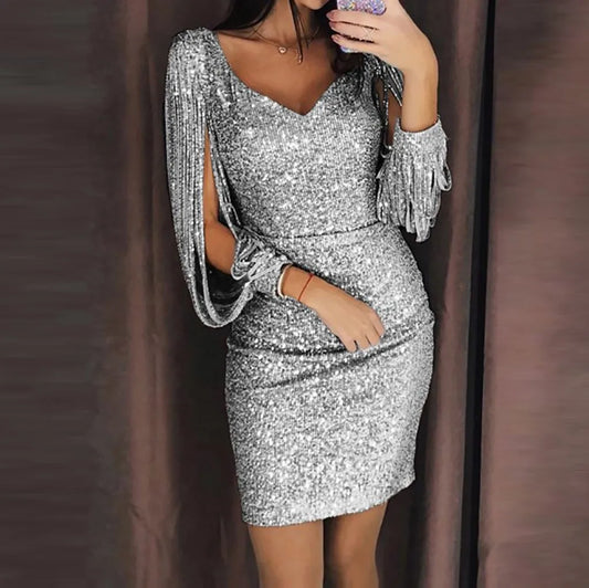 Vestido sexy de lentejuelas y borlas de manga larga para mujer, escote en V, minifalda ajustada a la cadera, vestidos de fiesta, ropa de club, elegante y brillante para mujer, Año Nuevo