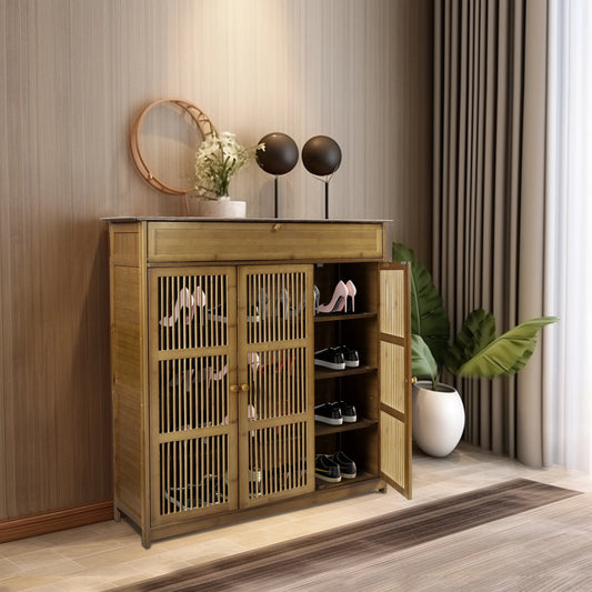 4 Tier Wooden Shoe Rack Organizer with 3 Hollow Doors