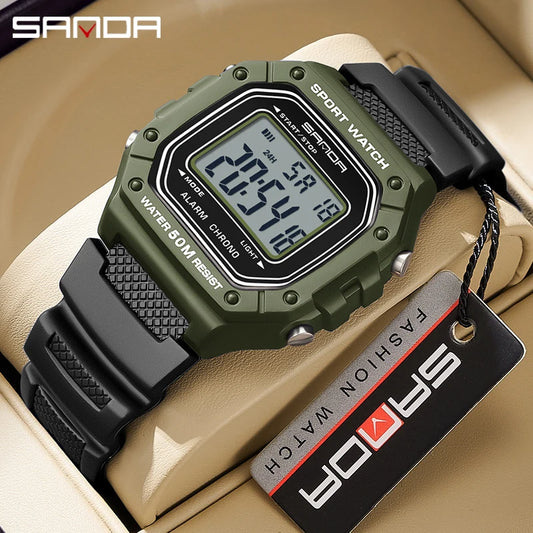 Reloj de moda SANDA 2156 para hombre, deportivo, militar, resistente al agua, con esfera grande, LED, digital, cronómetro.