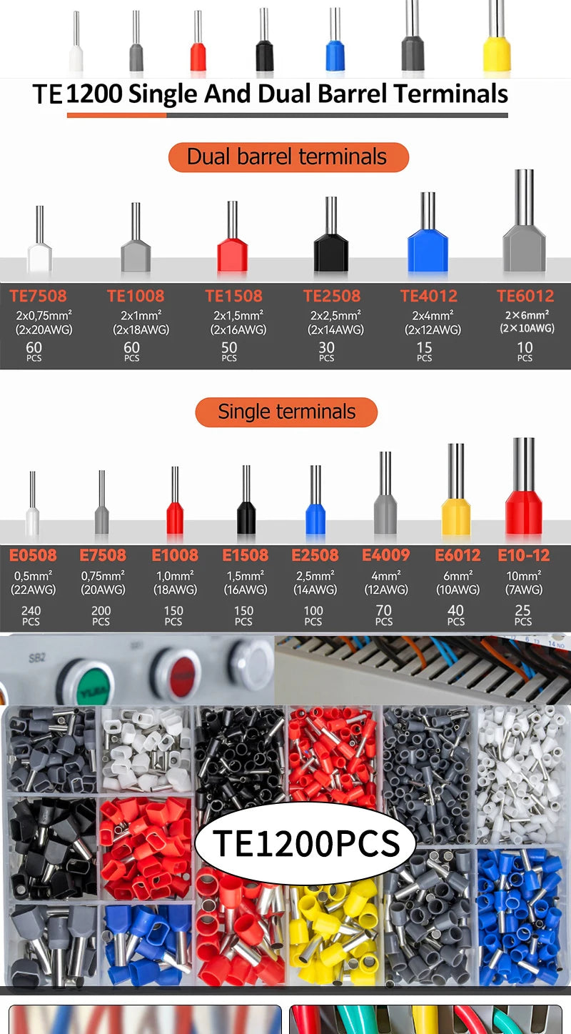 Hexagonal Self-Adjustable Ratchet Ferrule Crimping Tool Kit 23-7AWG 0.25-10mm² Crimper Kit with Ferrule Sleeves Wire Terminals