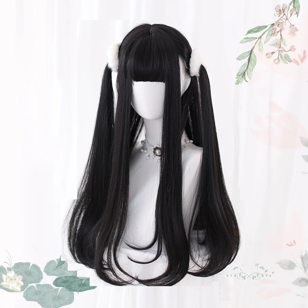 AS Long Straight Black Synthetic Wig For Women With Bangs Black Cosplay Lolita Wigs Heat Resistant Natural Hair