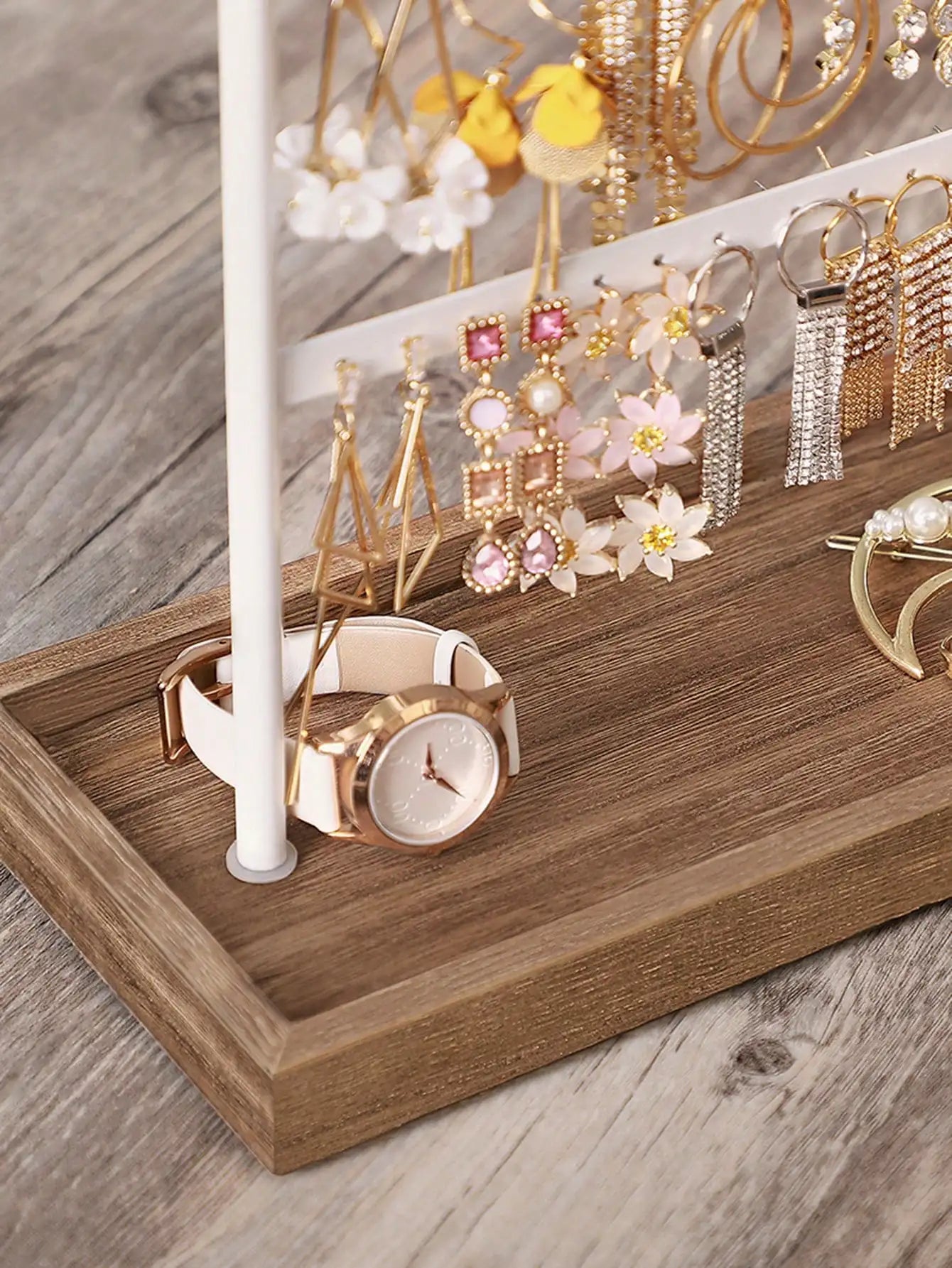 SONGMICS Jewelry Stand, 4-Tier Jewelry Holder Organizer With Tray, Wood Base, For Earrings And Studs, Vintage
