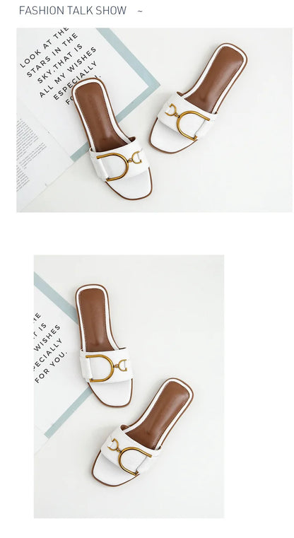 Women's Flat Slippers Summer Leather Square Toe Women Flats Flip Flops Designer Ladies Slides Sandals Women Shoes Luxury Sandals