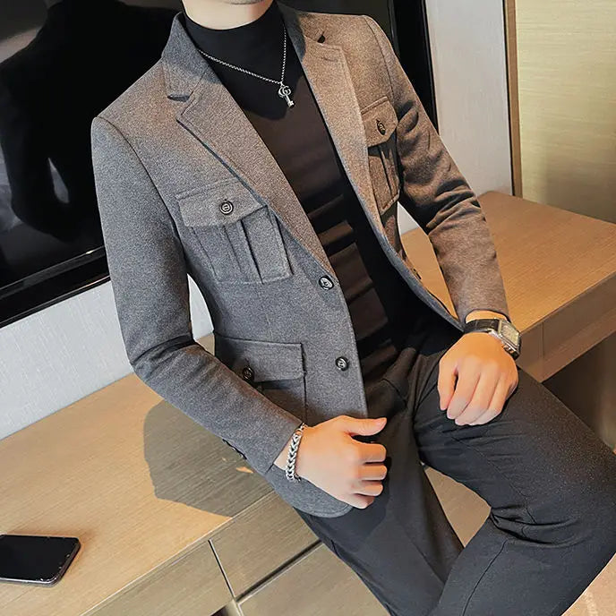 Chaqueta de traje de tweed para hombre, blazer de un solo pecho, gris, moda 2024, abrigo de diseñador de lujo para hombre, ropa de estilo coreano informal