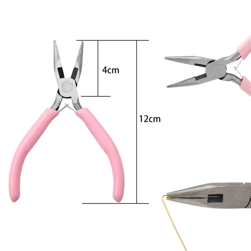 Alicates cóncavos redondos de una sola sección de níquel-hierro con mango rosa, herramienta para hacer herrajes de joyería hechos a mano, punta afilada, diagonal, portátil