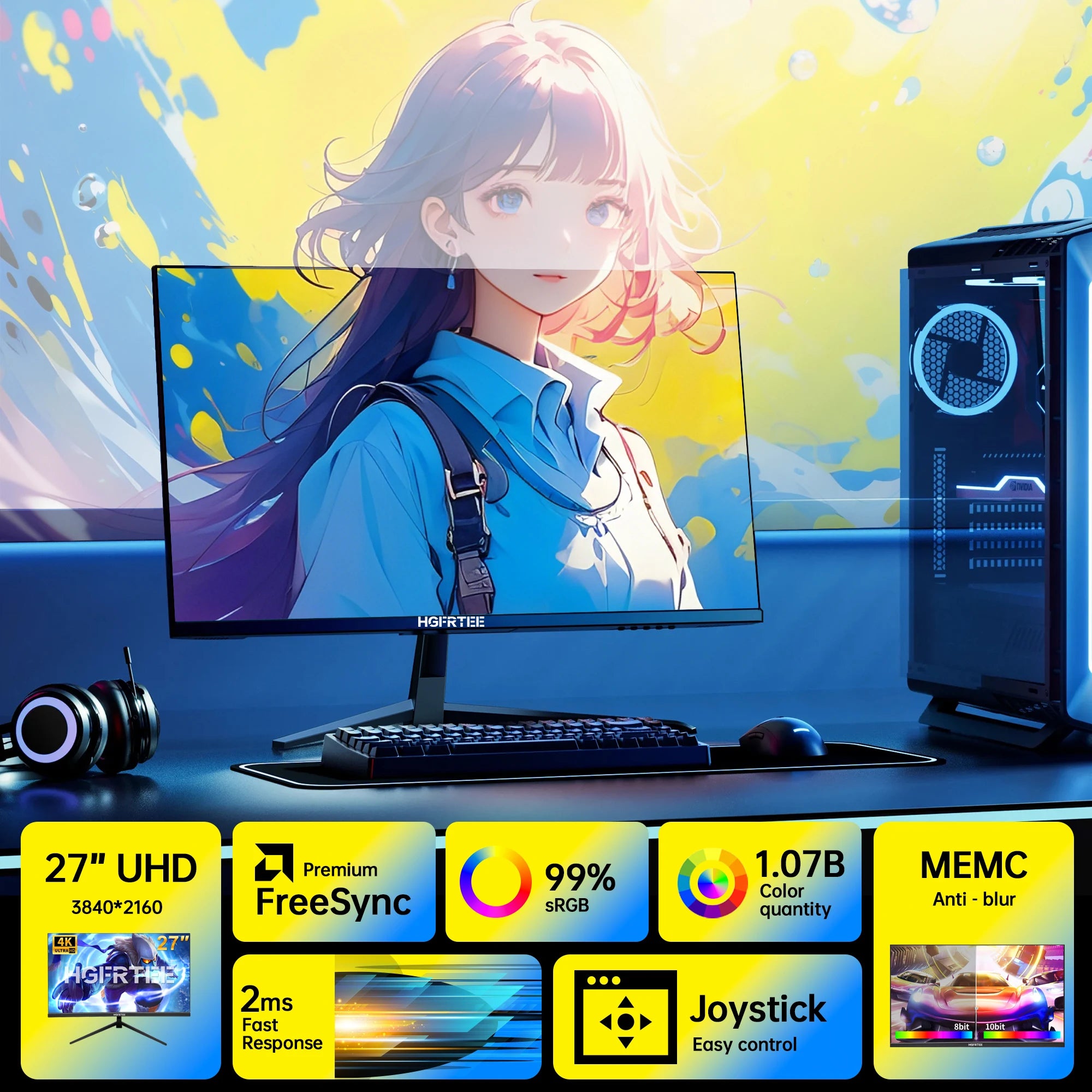 HGFRTEE 27" 4K Monitor 3840*2160 UHD IPS Computer Screen, 99% sRGB 10-Bit Color Accuracy Office Display for Gaming PC Laptop PS5