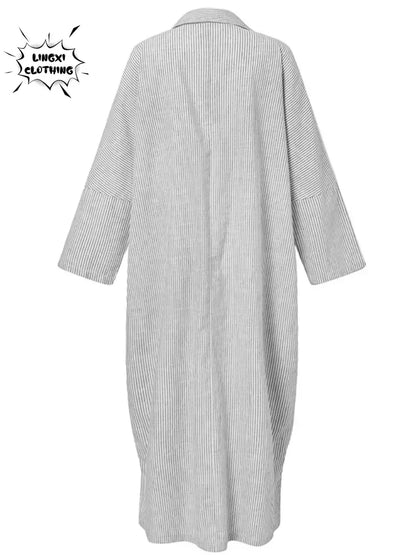 Plus size novo vestido feminino moda listra único breasted camisa solta estilo casual elegante feminino algodão cânhamo vestido longo