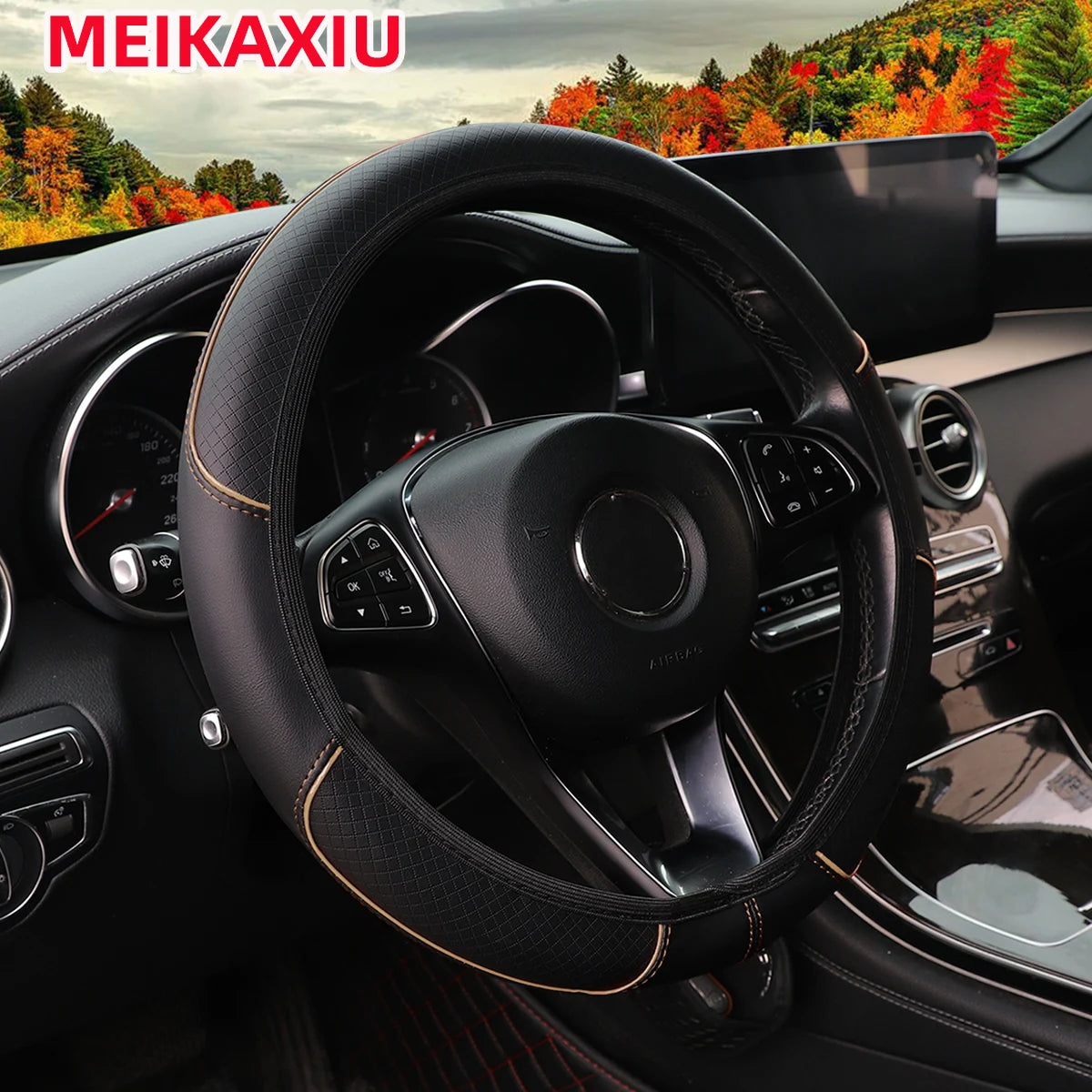 leather embossed massage blue strip trim car without inner ring steering wheel cover fits 14.5-15 "37-38cm car interior supplies