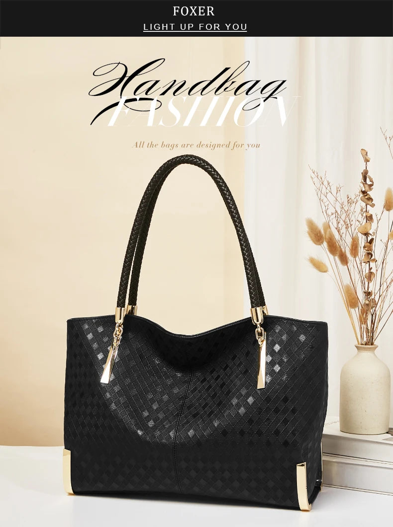 FOXER Genuine Leather Lady's Handbag Elegant Luxury Design Women Shoulder Bag Large Capacity Tote Bag Best Gift for Mom, Wife